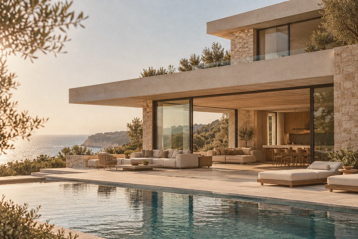 Contemporary Mediterranean villa with a pool and sea views, photographed with an analog film look